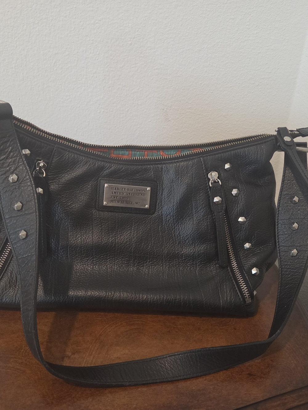 Harley-Davidson Black Studded Leather Shoulder Bag with Zip Accents